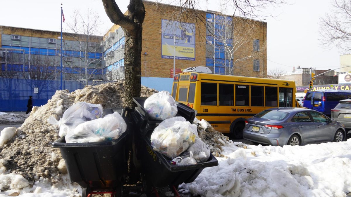 High snow banks and trash made commuting difficult after the blizzard. 